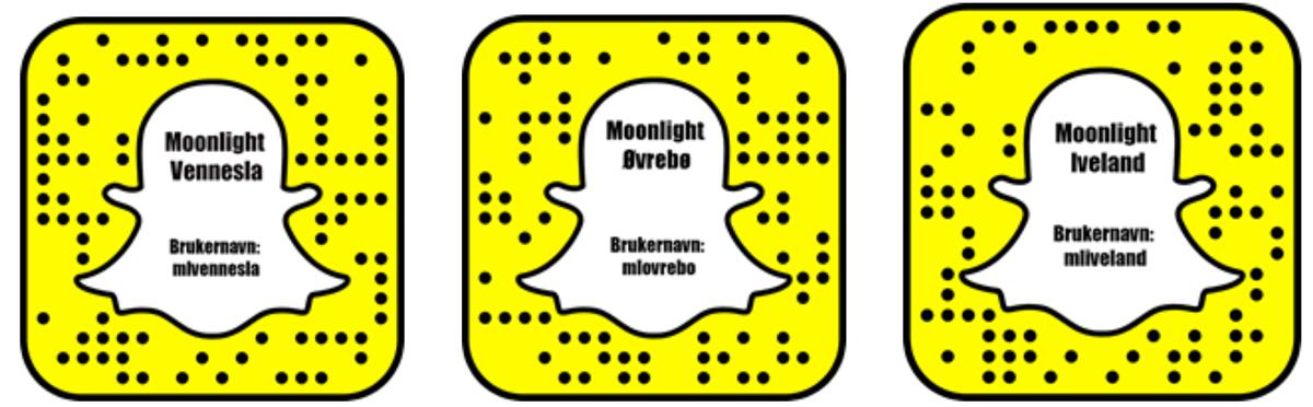 Bilde som viser Snapchat ikon og brukernavn for Moonlight Vennesla, Øvrebø og Iveland.  - Klikk for stort bilde